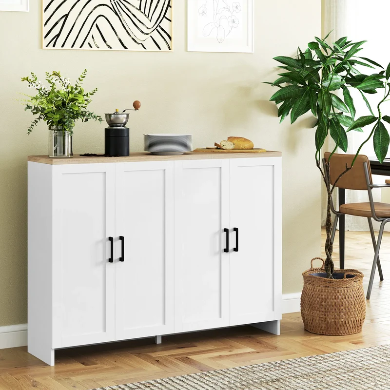 Modern Sideboard Buffet Cabinet, 4 Doors Adjustable Shelves, White