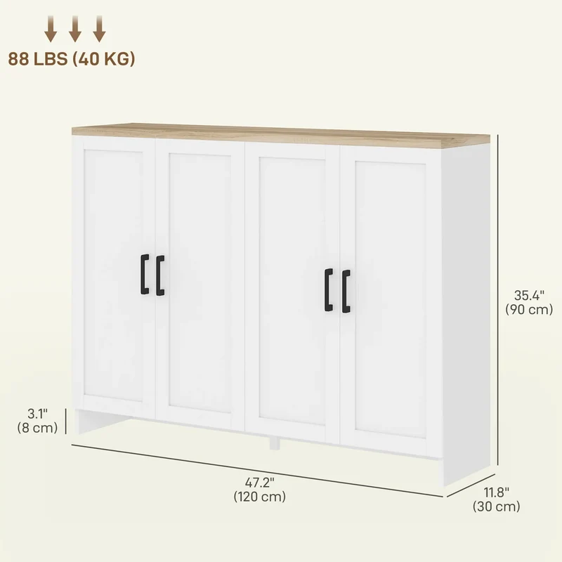 Modern Sideboard Buffet Cabinet, 4 Doors Adjustable Shelves, White