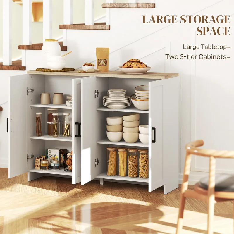 Modern Sideboard Buffet Cabinet, 4 Doors Adjustable Shelves, White