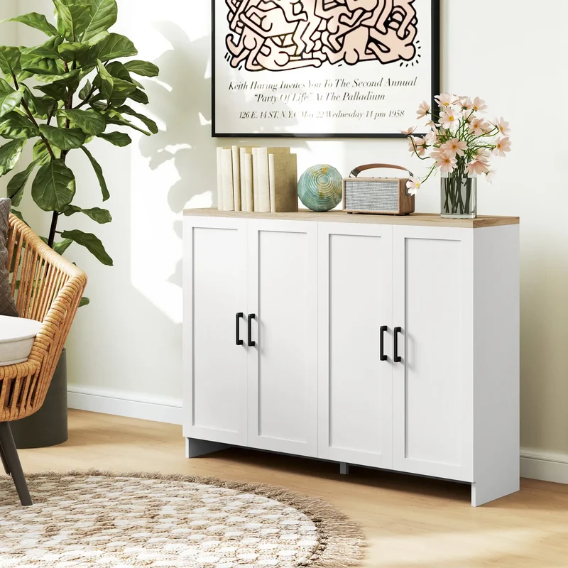 Modern Sideboard Buffet Cabinet, 4 Doors Adjustable Shelves, White