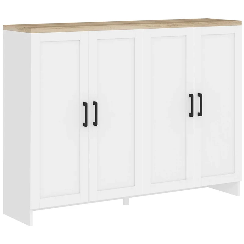 Modern Sideboard Buffet Cabinet, 4 Doors Adjustable Shelves, White