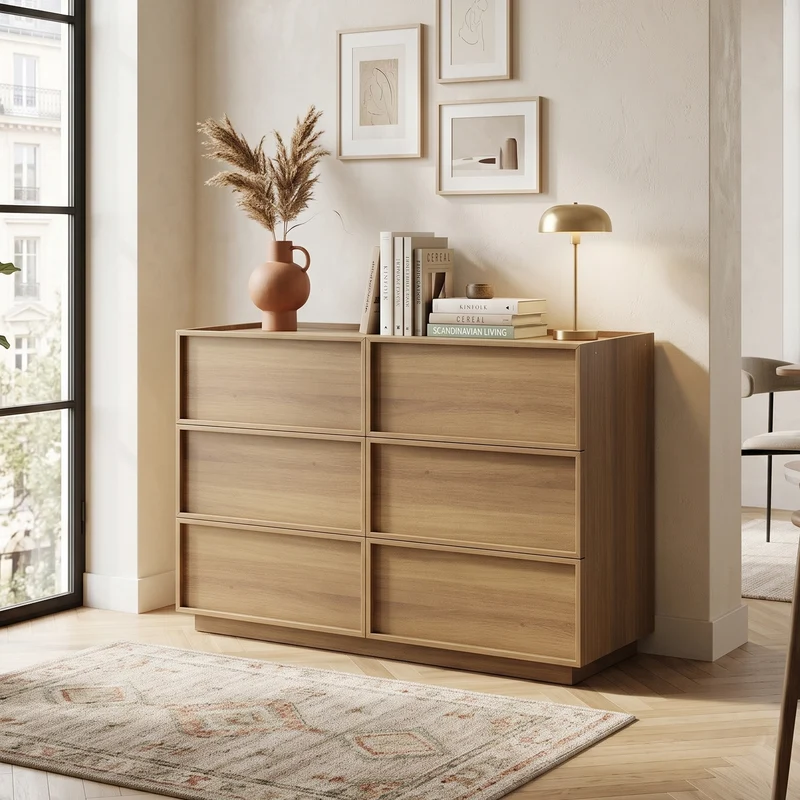 Buffet moderne à 6 tiroirs effet chêne, design minimaliste sans poignées 115x48x78cm LAMP AIR