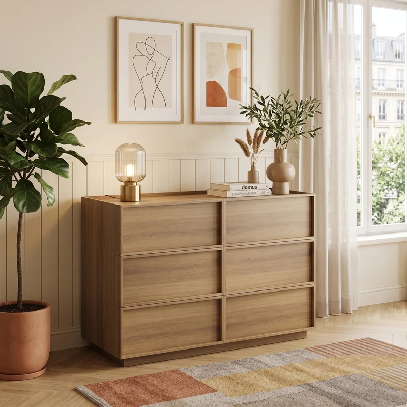 Buffet moderne à 6 tiroirs effet chêne, design minimaliste sans poignées 115x48x78cm LAMP AIR