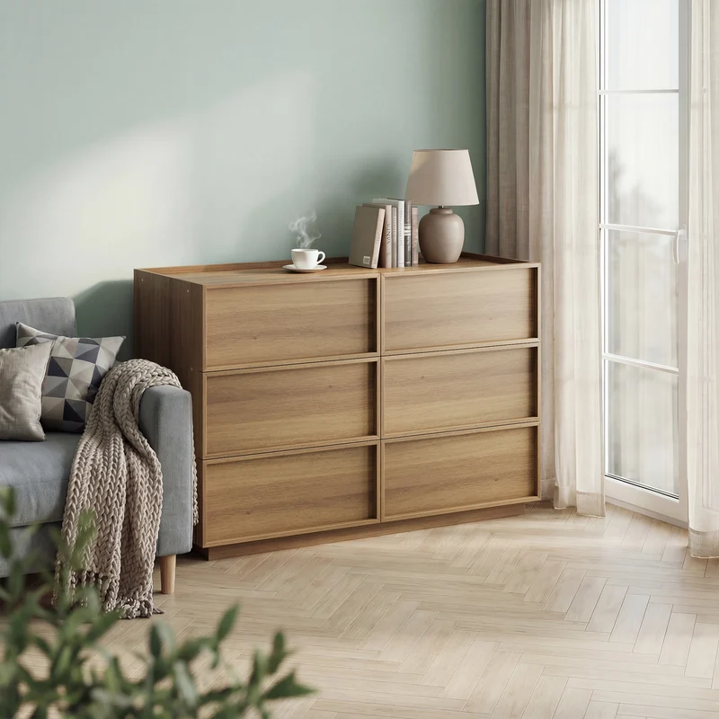 Buffet moderne à 6 tiroirs effet chêne, design minimaliste sans poignées 115x48x78cm LAMP AIR