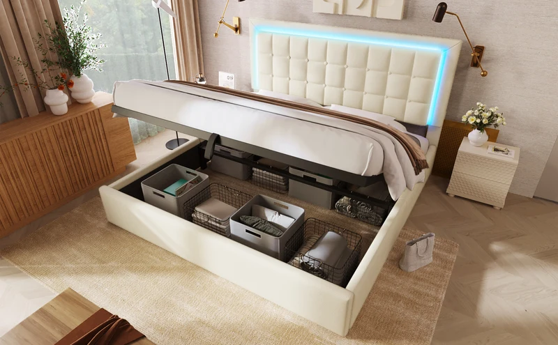 Lit double 140x200cm avec rangement, LED, simili cuir blanc, sommier inclus, design moderne