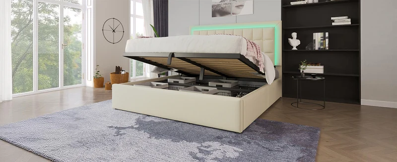 Lit double 140x200cm avec rangement, LED, simili cuir blanc, sommier inclus, design moderne