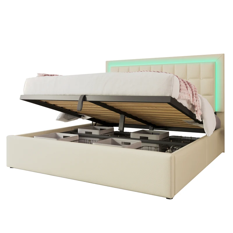 Lit double 140x200cm avec rangement, LED, simili cuir blanc, sommier inclus, design moderne