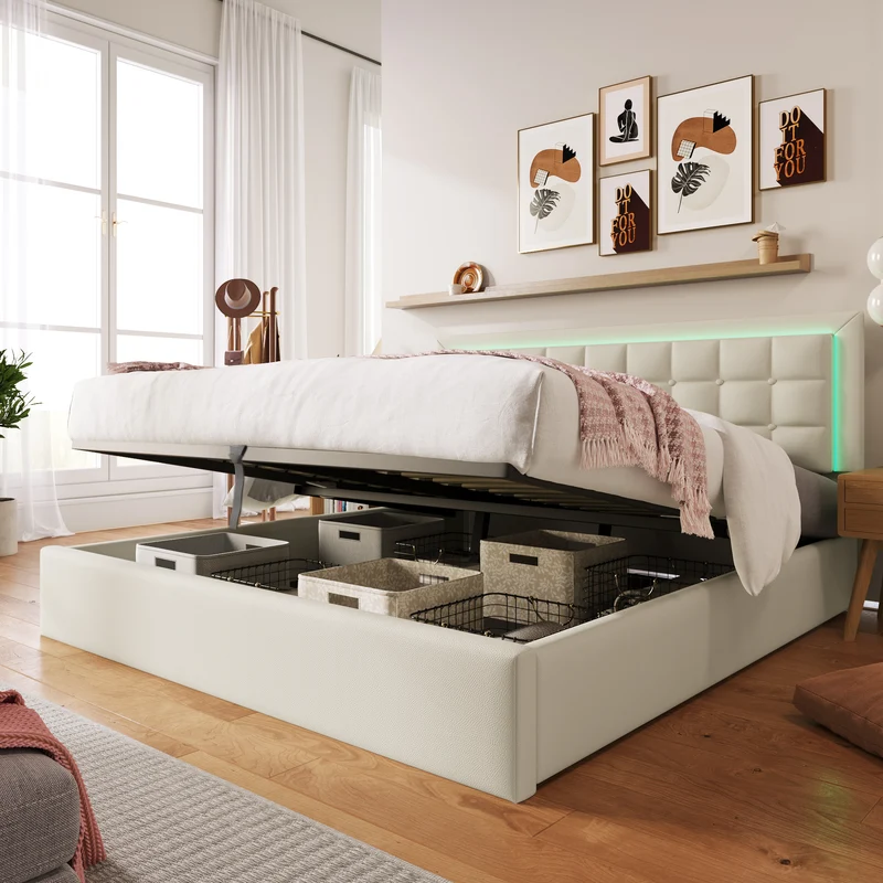 Lit double 140x200cm avec rangement, LED, simili cuir blanc, sommier inclus, design moderne