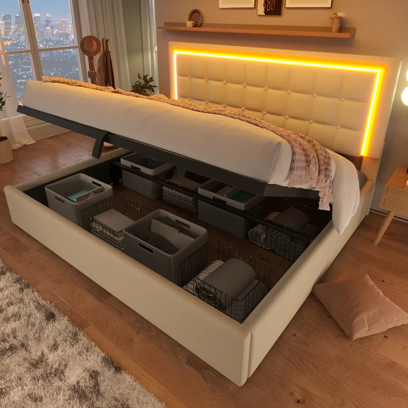 Lit double 140x200cm avec rangement, LED, simili cuir blanc, sommier inclus, design moderne