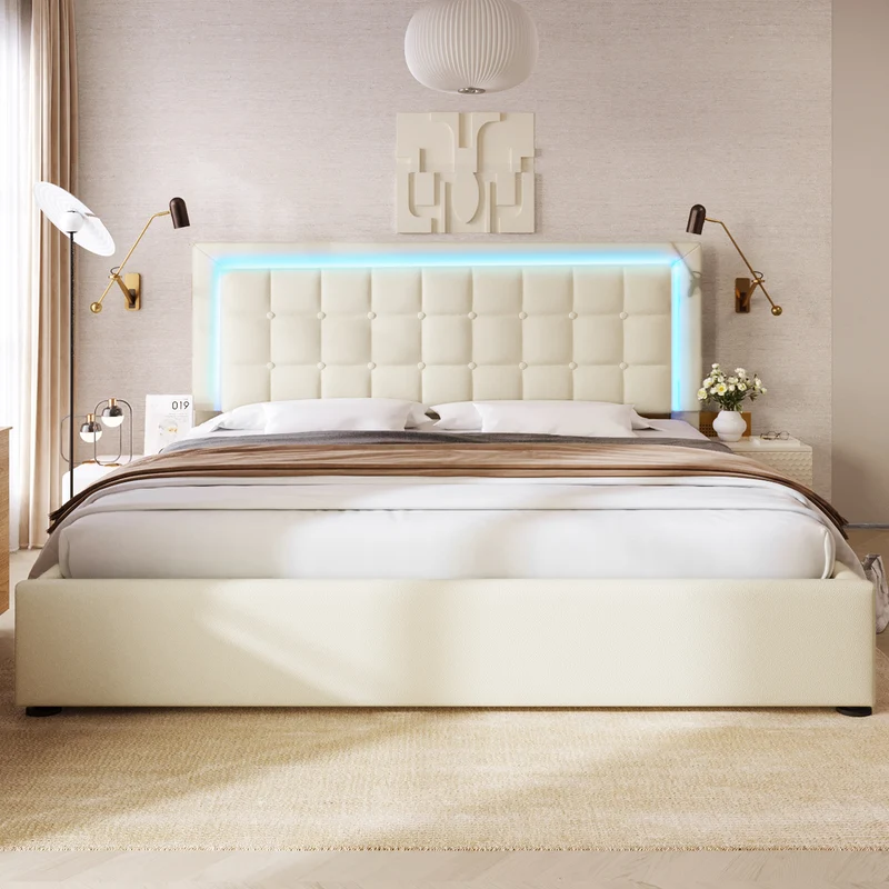 Lit double 140x200cm avec rangement, LED, simili cuir blanc, sommier inclus, design moderne