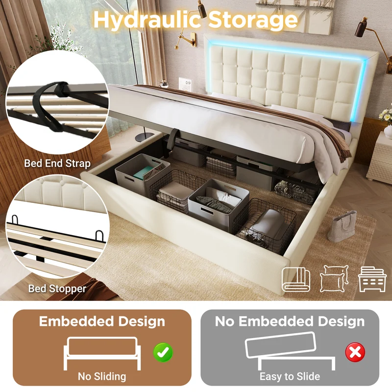 Lit double 140x200cm avec rangement, LED, simili cuir blanc, sommier inclus, design moderne