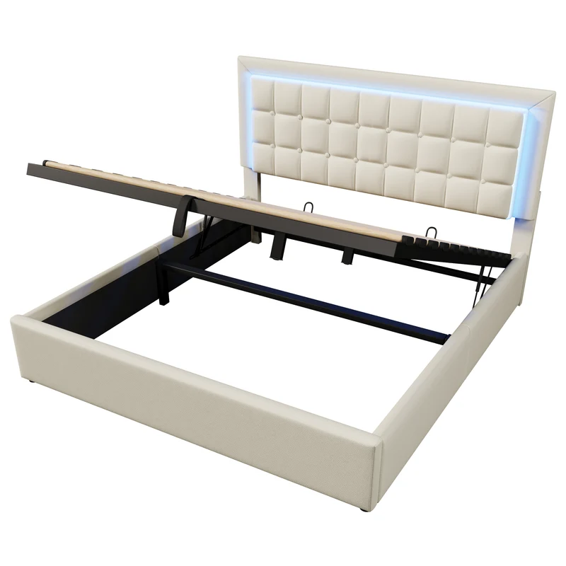 Lit double 140x200cm avec rangement, LED, simili cuir blanc, sommier inclus, design moderne