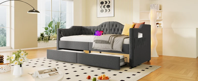 Lit banquette 90x200cm gris lin avec rangement, ports USB Type C, style moderne