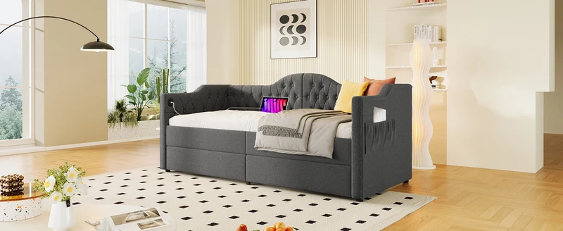 Lit banquette 90x200cm gris lin avec rangement, ports USB Type C, style moderne