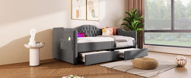 Lit banquette 90x200cm gris lin avec rangement, ports USB Type C, style moderne