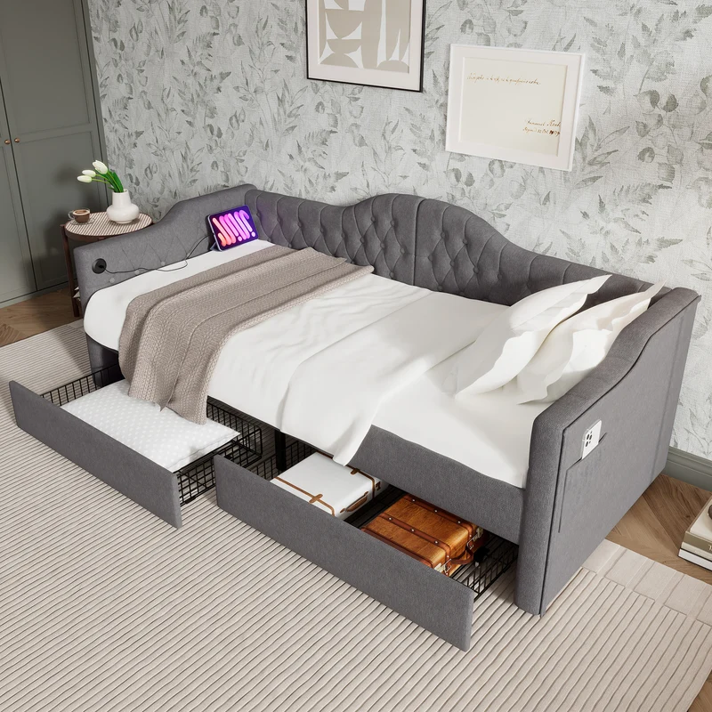 Lit banquette 90x200cm gris lin avec rangement, ports USB Type C, style moderne
