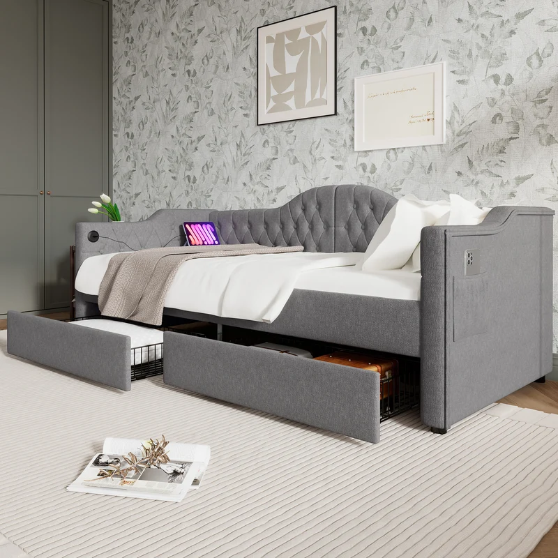 Lit banquette 90x200cm gris lin avec rangement, ports USB Type C, style moderne