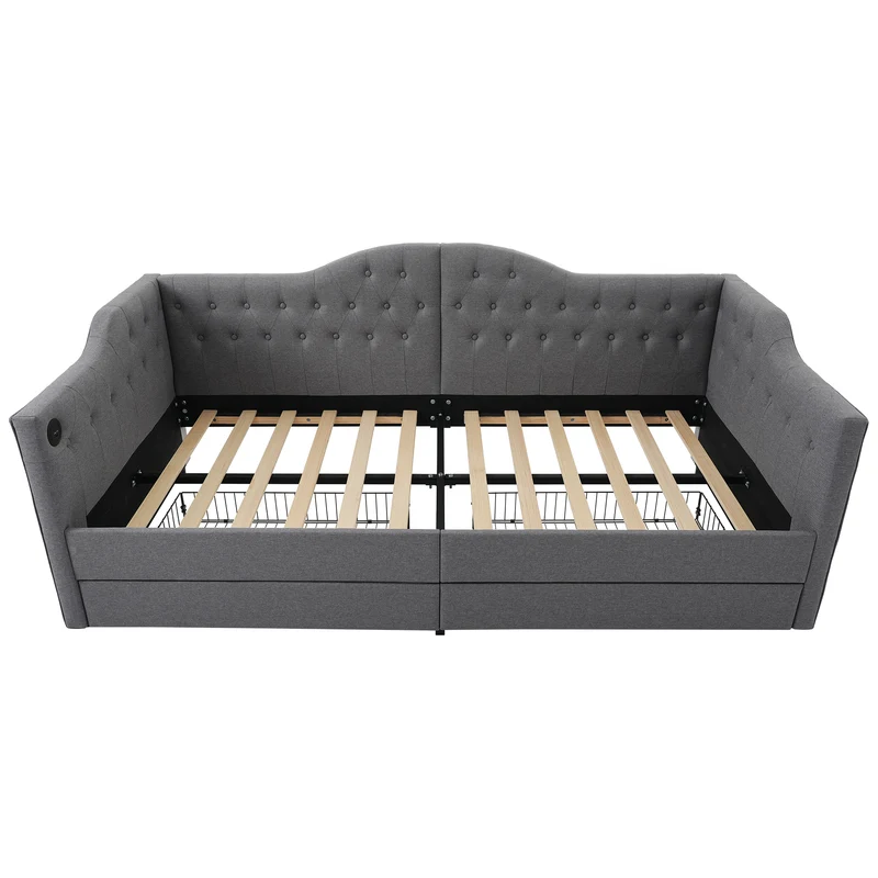 Lit banquette 90x200cm gris lin avec rangement, ports USB Type C, style moderne