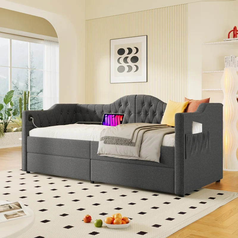 Lit banquette 90x200cm gris lin avec rangement, ports USB Type C, style moderne