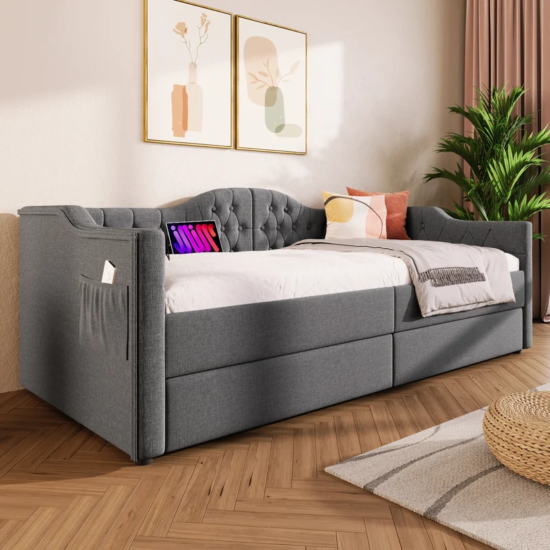 Lit banquette 90x200cm gris lin avec rangement, ports USB Type C, style moderne