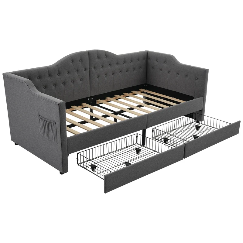 Lit banquette 90x200cm gris lin avec rangement, ports USB Type C, style moderne