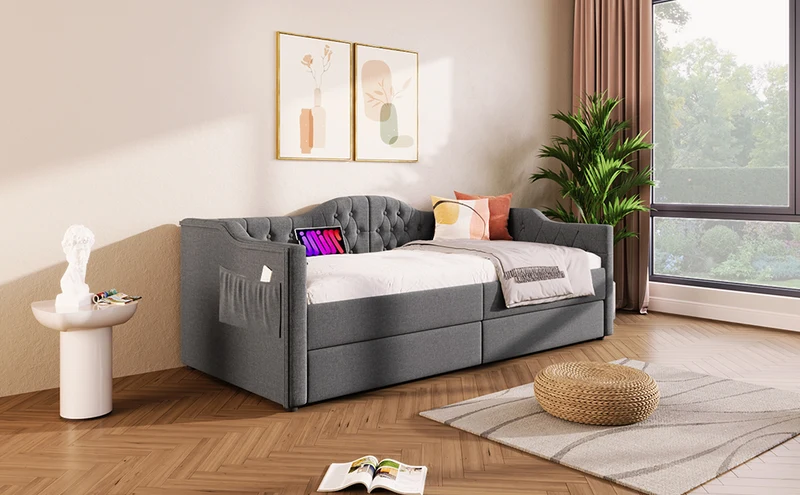 Lit banquette 90x200cm gris lin avec rangement, ports USB Type C, style moderne