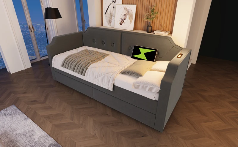 Lit banquette 90x200 cm velours gris avec USB Type-C, liseuse et 2 tiroirs – Cadre robuste, lit d’appoint ou enfant, sans matelas