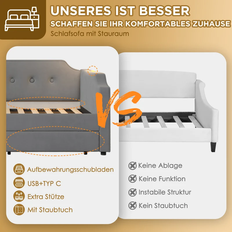 Lit banquette 90x200 cm velours gris avec USB Type-C, liseuse et 2 tiroirs – Cadre robuste, lit d’appoint ou enfant, sans matelas
