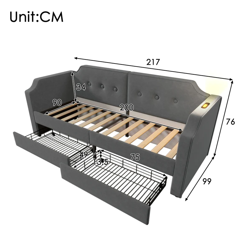 Lit banquette 90x200 cm velours gris avec USB Type-C, liseuse et 2 tiroirs – Cadre robuste, lit d’appoint ou enfant, sans matelas
