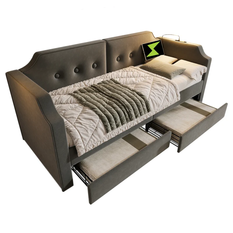 Lit banquette 90x200 cm velours gris avec USB Type-C, liseuse et 2 tiroirs – Cadre robuste, lit d’appoint ou enfant, sans matelas