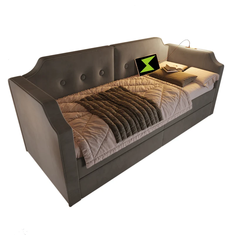 Lit banquette 90x200 cm velours gris avec USB Type-C, liseuse et 2 tiroirs – Cadre robuste, lit d’appoint ou enfant, sans matelas