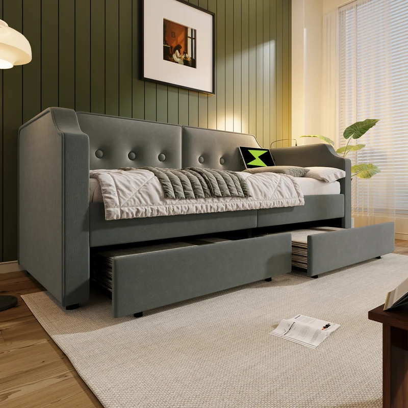 Lit banquette 90x200 cm velours gris avec USB Type-C, liseuse et 2 tiroirs – Cadre robuste, lit d’appoint ou enfant, sans matelas