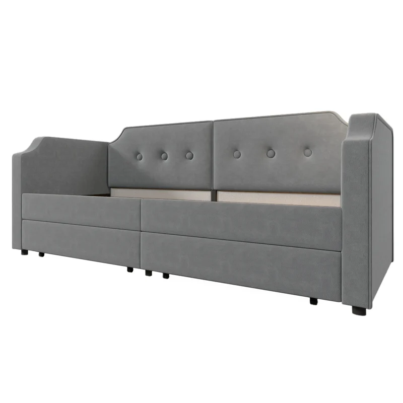 Lit banquette 90x200 cm velours gris avec USB Type-C, liseuse et 2 tiroirs – Cadre robuste, lit d’appoint ou enfant, sans matelas