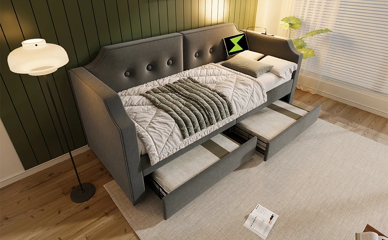 Lit banquette 90x200 cm velours gris avec USB Type-C, liseuse et 2 tiroirs – Cadre robuste, lit d’appoint ou enfant, sans matelas
