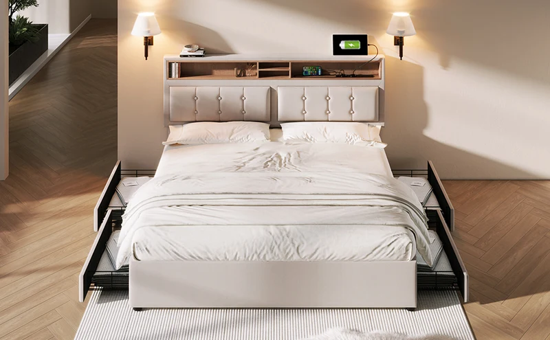 Lit double 140x200cm avec 4 tiroirs, tête de lit réglable, ports USB-C, tissu beige, sommier bois