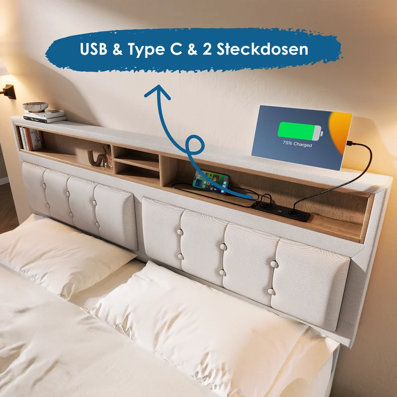 Lit double 140x200cm avec 4 tiroirs, tête de lit réglable, ports USB-C, tissu beige, sommier bois