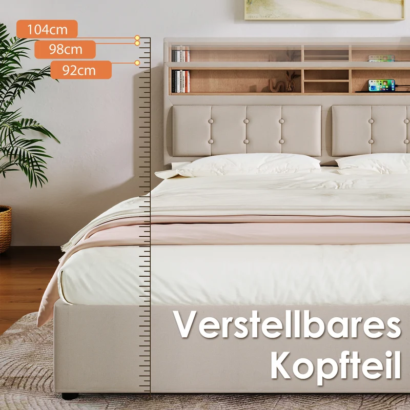 Lit double 140x200cm avec 4 tiroirs, tête de lit réglable, ports USB-C, tissu beige, sommier bois