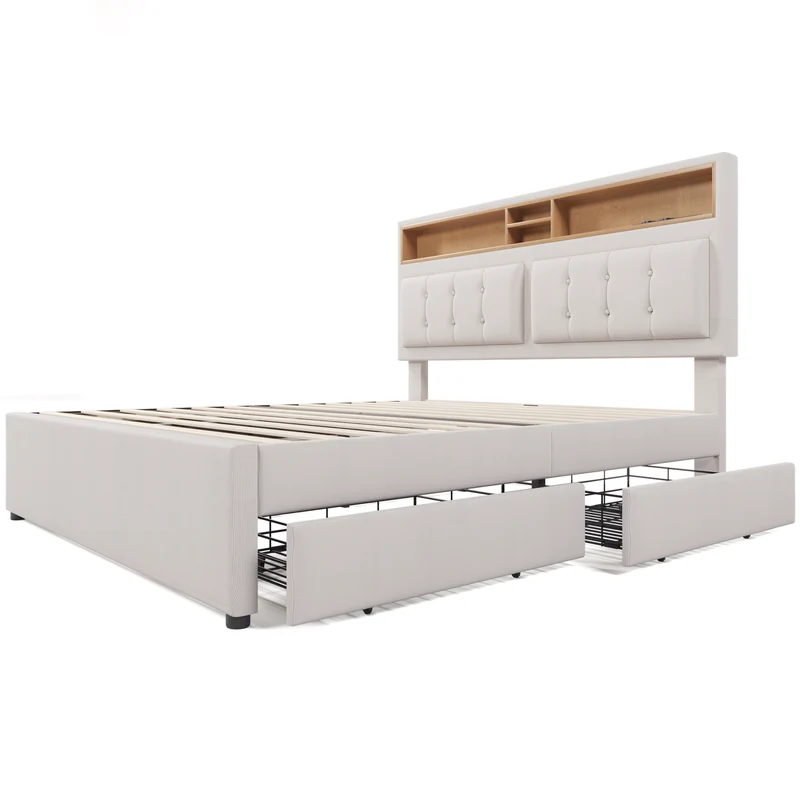 Lit double 140x200cm avec 4 tiroirs, tête de lit réglable, ports USB-C, tissu beige, sommier bois