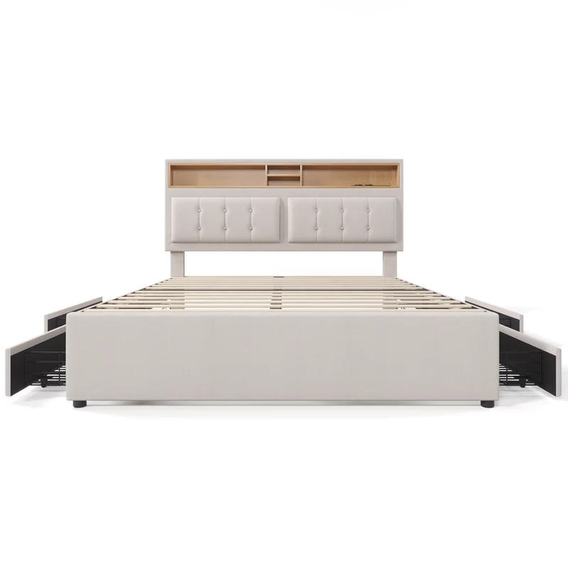 Lit double 140x200cm avec 4 tiroirs, tête de lit réglable, ports USB-C, tissu beige, sommier bois
