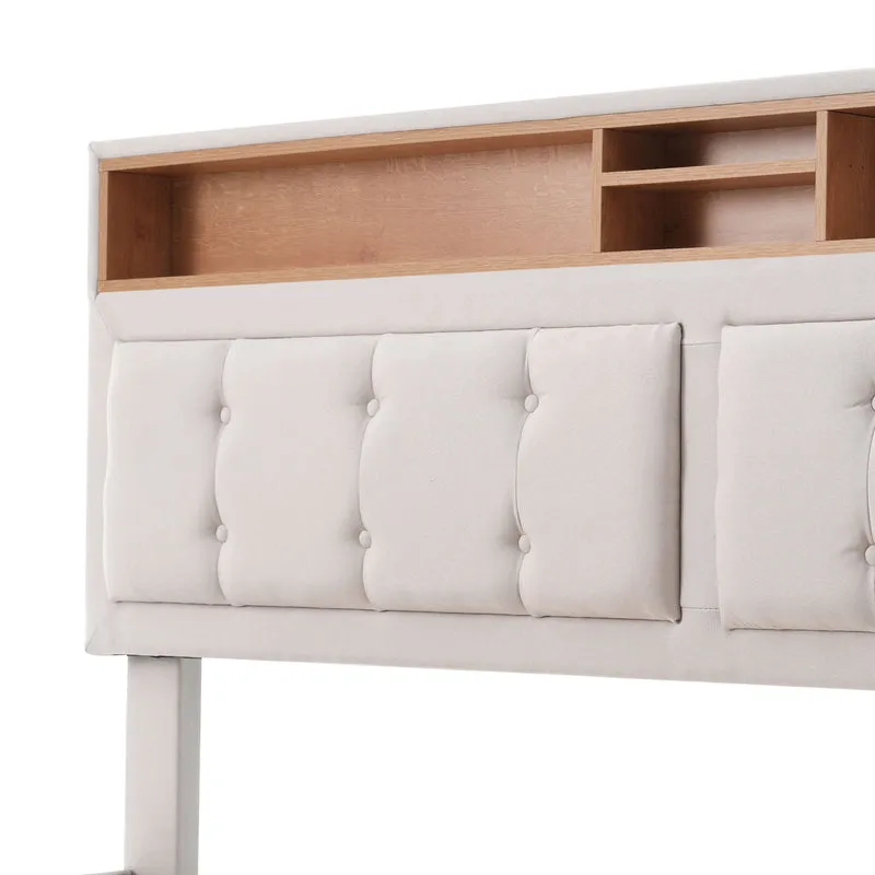 Lit double 140x200cm avec 4 tiroirs, tête de lit réglable, ports USB-C, tissu beige, sommier bois