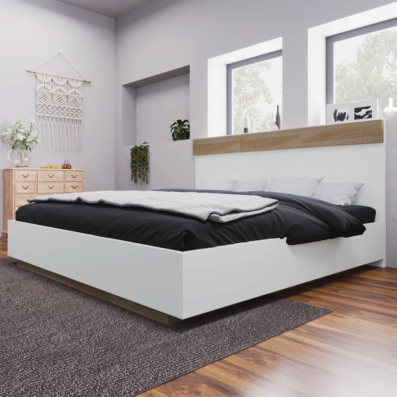 Lit double 140x200 cm bois chêne Sonoma/Blanc avec tête de lit flottante, sommier inclus, style moderne