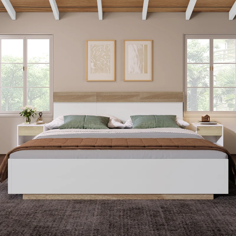 Lit double 140x200 cm bois chêne Sonoma/Blanc avec tête de lit flottante, sommier inclus, style moderne