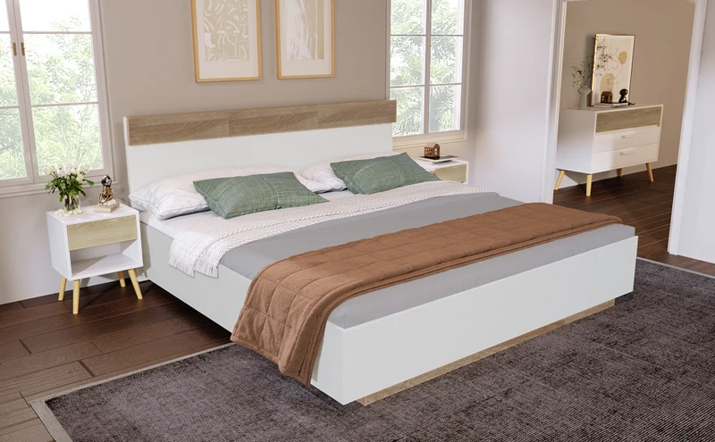 Lit double 140x200 cm bois chêne Sonoma/Blanc avec tête de lit flottante, sommier inclus, style moderne