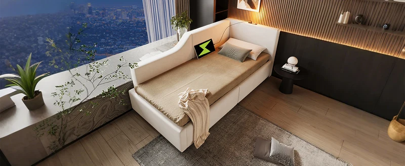 Lit banquette 90x200cm en velours beige avec rangement hydraulique, liseuse et USB-C