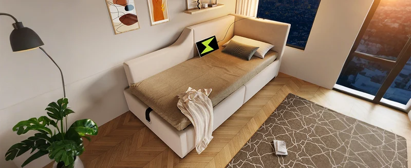 Lit banquette 90x200cm en velours beige avec rangement hydraulique, liseuse et USB-C