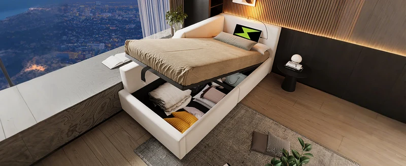 Lit banquette 90x200cm en velours beige avec rangement hydraulique, liseuse et USB-C