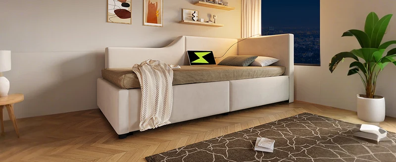 Lit banquette 90x200cm en velours beige avec rangement hydraulique, liseuse et USB-C