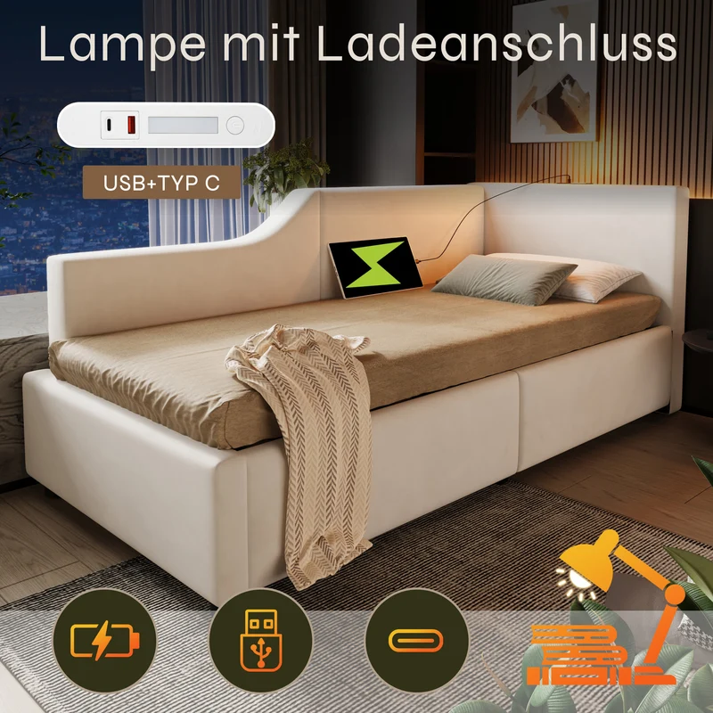Lit banquette 90x200cm en velours beige avec rangement hydraulique, liseuse et USB-C
