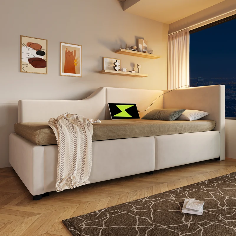 Lit banquette 90x200cm en velours beige avec rangement hydraulique, liseuse et USB-C