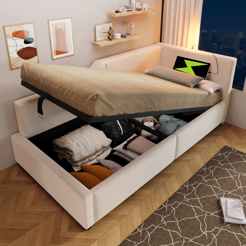 Lit banquette 90x200cm en velours beige avec rangement hydraulique, liseuse et USB-C